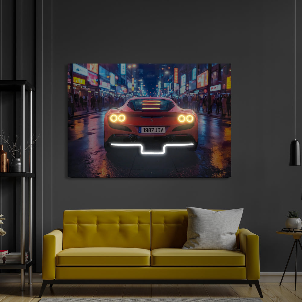 Ochre sofa background with neon car artwork